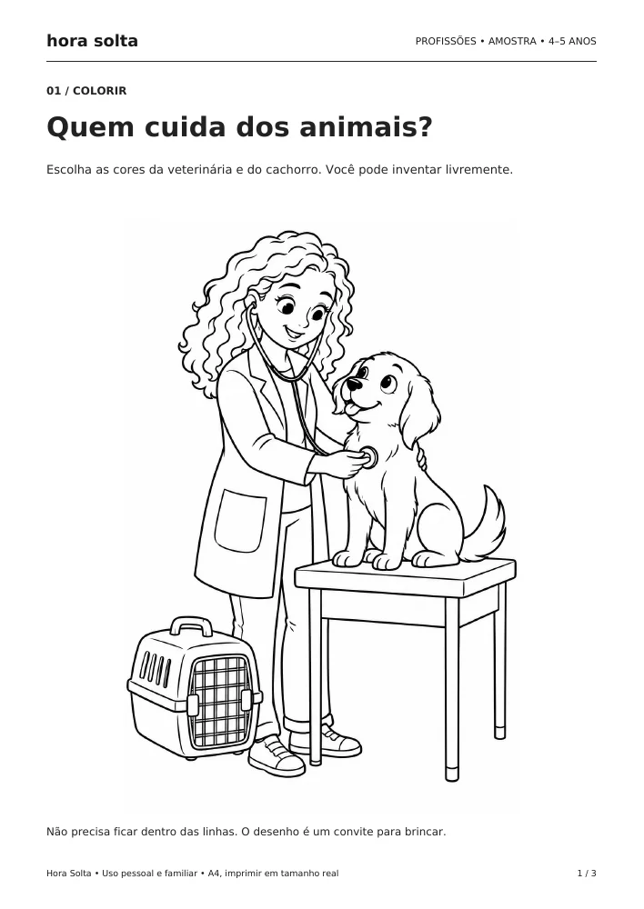 Prévia da página de colorir: uma veterinária cuidando de um cachorro